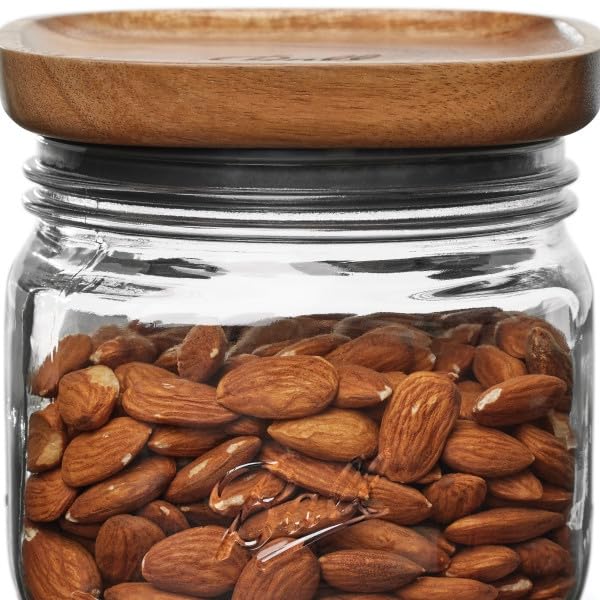 Ball Stack & Store Glass Mason Jars with Wooden Lid, Used for Pantry, Cookies, Flour, Cereal, Rice, Sugar, Tea, Coffee Beans, Spices, Square, 4-Cup (Pack of 4)