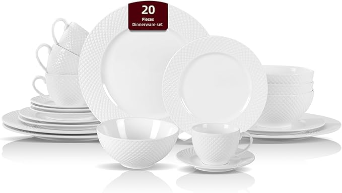 HomeVss, New Bone China Dinnerware Set, Embossed Diamond Design, 20pc Set