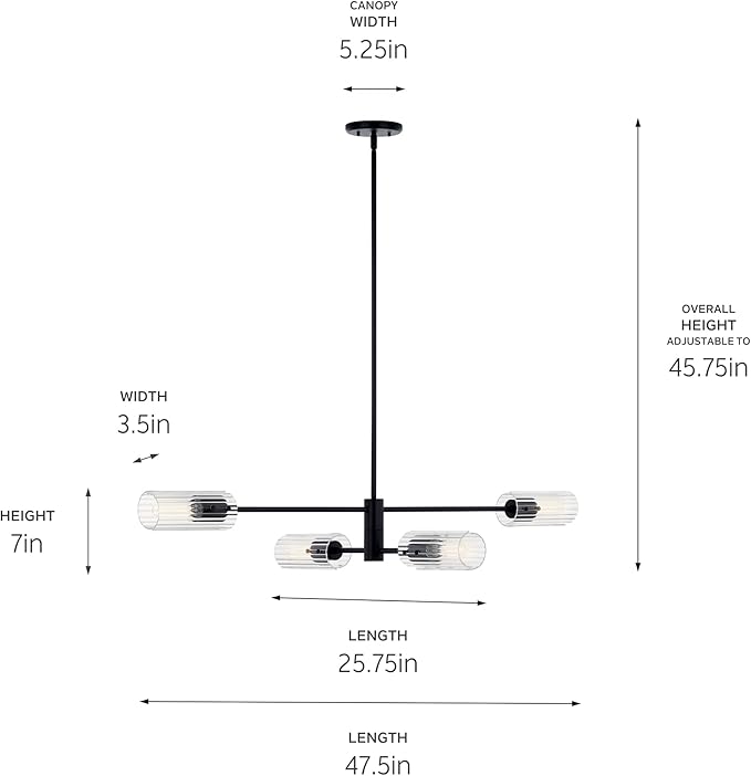 KICHLER Velestino 47.50" 4 Light Linear Chandelier in Black, for Dining Room, Living Room, (7" x 47.50") 52681BK