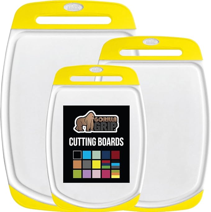 GORILLA GRIP BPA-Free Reversible Kitchen Cutting Board Set of 3, US Designed, Nonporous, Juice Grooves Catch Liquid, Slip Resistant Border, Dishwasher Safe, Durable Large Food Chopping Boards, Yellow