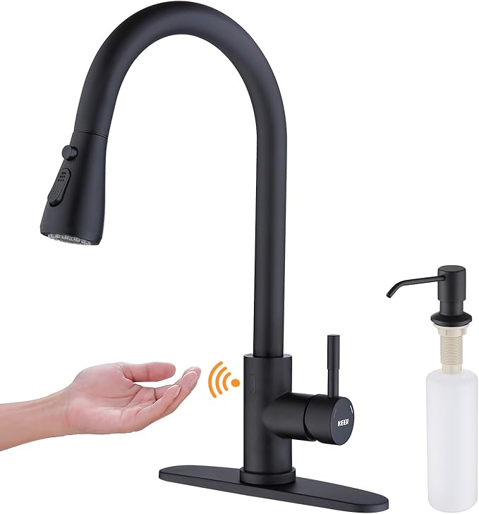 Keer Touchless Kitchen Faucet with Pull Down Sprayer, Motion Sensor Kitchen Faucet with Kitchen Soap Dispenser, Single Kitchen Faucet High Arc Pull Out Faucet for RV Kitchen,Matte Black