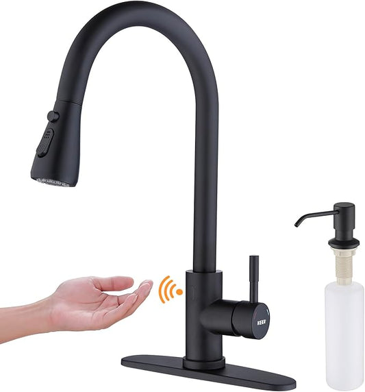 Keer Touchless Kitchen Faucet with Pull Down Sprayer, Motion Sensor Kitchen Faucet with Kitchen Soap Dispenser, Single Kitchen Faucet High Arc Pull Out Faucet for RV Kitchen,Matte Black