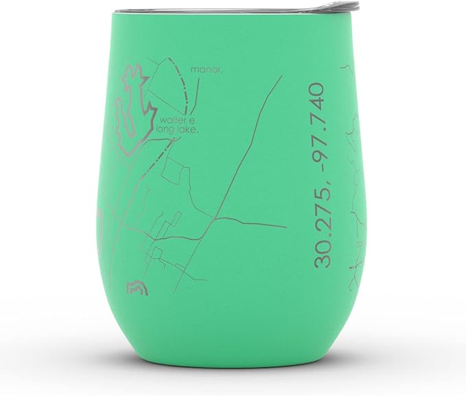 Well Told Engraved Austin Texas Map Insulated Wine Tumbler, Etched Stainless Steel Cup (12 oz, Sunday Green) City Map Insulated Tumbler, Custom Insulated Tumbler, Outdoor Drinkware
