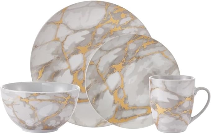 Pemberly Row Contemporary Porcelain Dinnerset 16 Piece in Gold Marble
