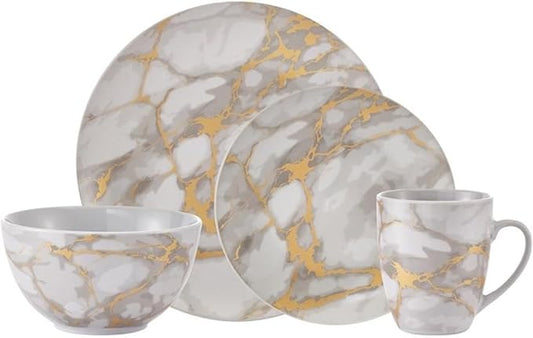 Pemberly Row Contemporary Porcelain Dinnerset 16 Piece in Gold Marble