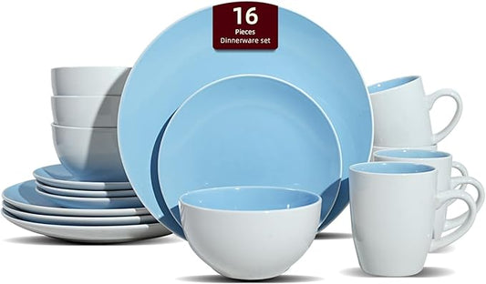 Stoneware Coupe Shape 16pc Dinnerware Set, Outside White + Inside Blue