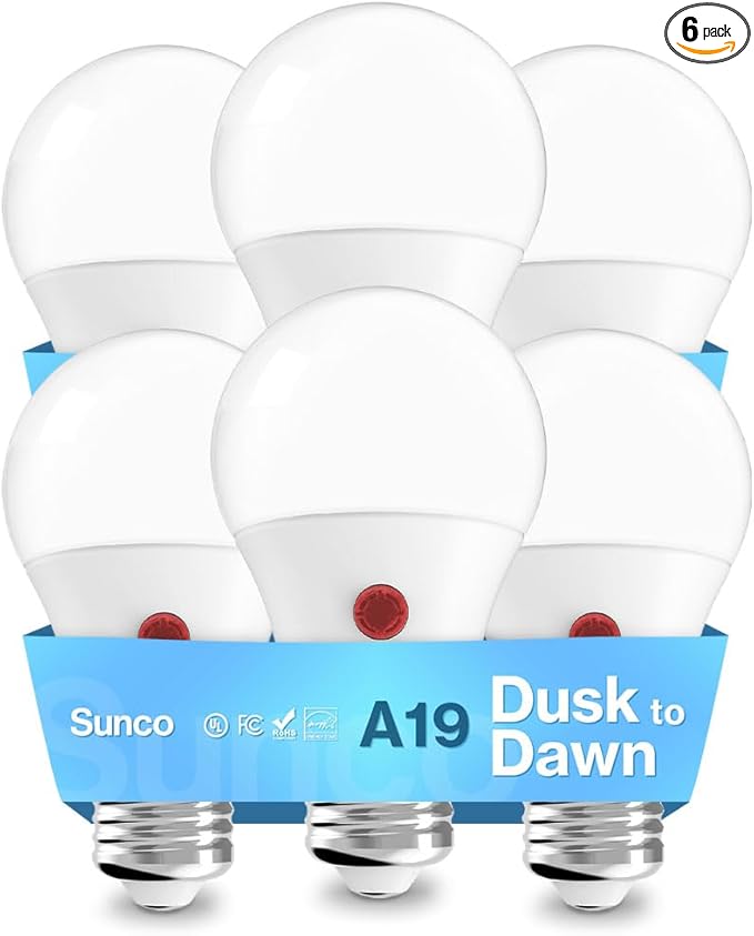 Sunco 6 Pack Dusk to Dawn LED Outdoor Light Bulb A19, Photocell Automatic for Exterior Lighting, 800 LM, 9W (60W Eqv.), 6000K Daylight Deluxe, Auto On/Off Sensor, IP65 Rated UL