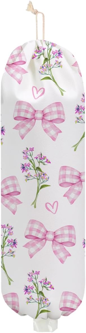 Bow Tie Plastic Bag Holder, Wall Mount Grocery Bag Holder for Plastic Bags, Flower Heart Reusable Grocery Bags Storage Dispenser for Home Kitchen Pantry Decor, Pink Bow Tie Gifts for Women Mom