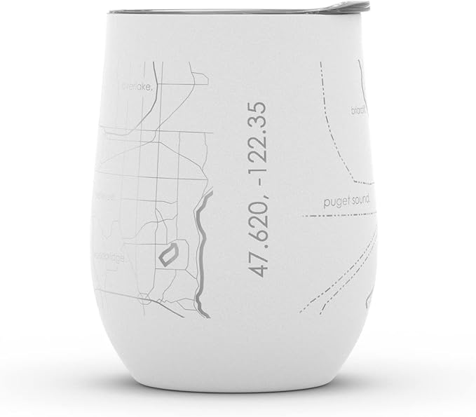 Well Told Engraved Seattle Washington Map Insulated Wine Tumbler, Etched Stainless Steel Wine Tumbler (12 oz, White) City Map Insulated Tumbler, Custom Insulated Tumbler, Outdoor Drinkware