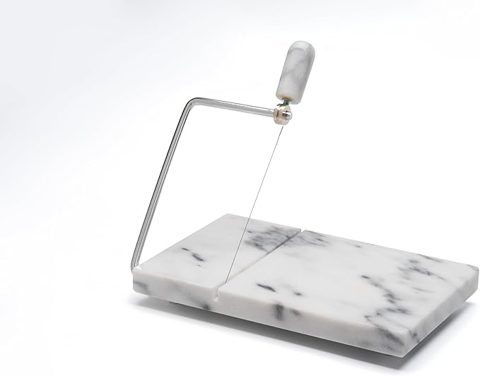 Marble Cheese Slicer for Block Cheese, 5" x 8" White Marble Cheese Board and Cutter with 2 Replacement Stainless Steel Wires, Heavy Duty Cheese Slicer Kit for Home Kitchen and Charcuterie
