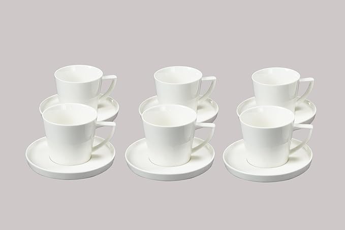 Bone China Cone Shape, Elegance White Cup Espresso 5oz & Saucer, Set of 6 cups and 6 Saucers