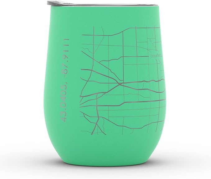 Well Told Engraved Milwaukee Wisconsin Map Insulated Wine Tumbler, Etched Stainless Steel Cup (12 oz, Sunday Green) City Map Insulated Tumbler, Custom Insulated Tumbler, Outdoor Drinkware