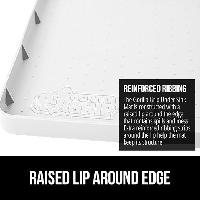GORILLA GRIP Waterproof Silicone Under Sink Mat with Raised Lip for Kitchen and Bathroom, Cabinet Shelf Liner Stay in Place Mats Dishwasher Safe Drawer Liner, Organizer Tray, 19 x 34 in, White
