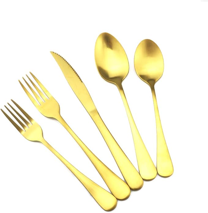 Gold Reusable Utensils with Case Camping Travel Silverware Set,Portable Stainless Steel Cutlery Set - Matte Flatware Set Knife Fork Spoon Mirror Straws Chopsticks - for Office Lunch, Hiking, School