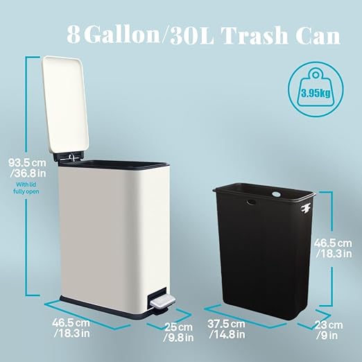 8 Gallon Slim Stainless Steel Trash Can with Step-on Lid, Narrow Space-Saving Kitchen & Bathroom Garbage Bin, White Metal Step Pedal Trash Can for Home, Office, Dorm