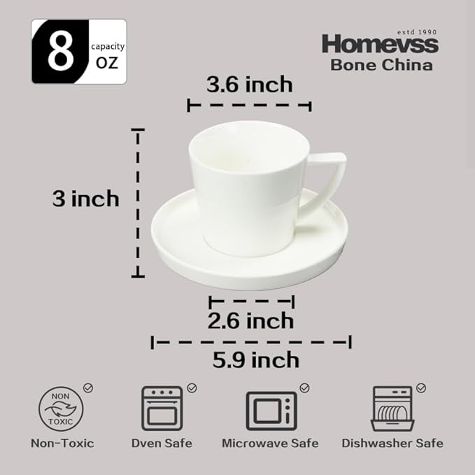 Bone China Cone Shape, Elegance White Cup Coffee 8oz & Saucer, Set of 6 Cup & 6 Saucer