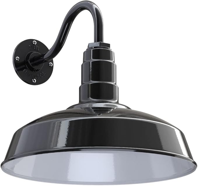 Steel Lighting Co. | Dusk to Dawn | Gardena Barn Light | Outdoor Wall Mounted | 16" Dome | 11" Gooseneck | Farmhouse Light Made in America | Black Exterior/White Interior