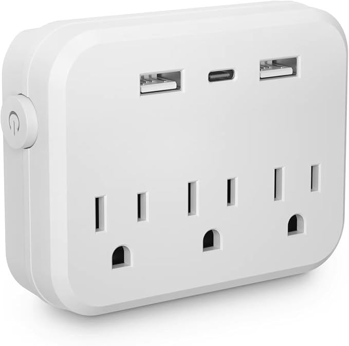 Switch with Surge Protector Mini Portable Power Strip 6-in-1 Multifunctional 3 Power Strip 2 USB Ports 1 Type-C Christmas Daily Use Item Pack of 1 White