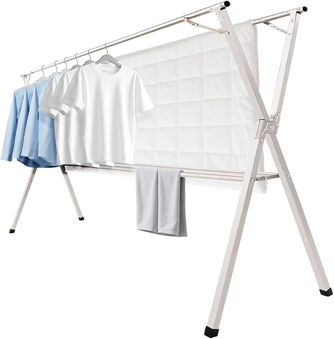 95 inches Foldable Clothes Drying Rack, Heavy Duty Stainless Steel Laundry Drying Rack for Indoor Outdoor, Clothes Rack Adjustable Length. 3 Additional Reinforcement Bars with 20 Windproof Hooks