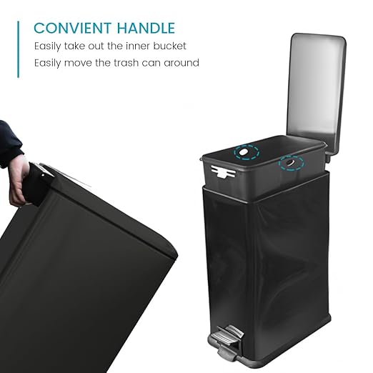 12 Gallon Kitchen Trash Can, Stainless Steel Slim Trash Can with Removal Inner Bucket and Soft-Close Lid, Foot Pedal Trash Bin for Home Office, Narrow Place, 45 Liter, Shiny Black