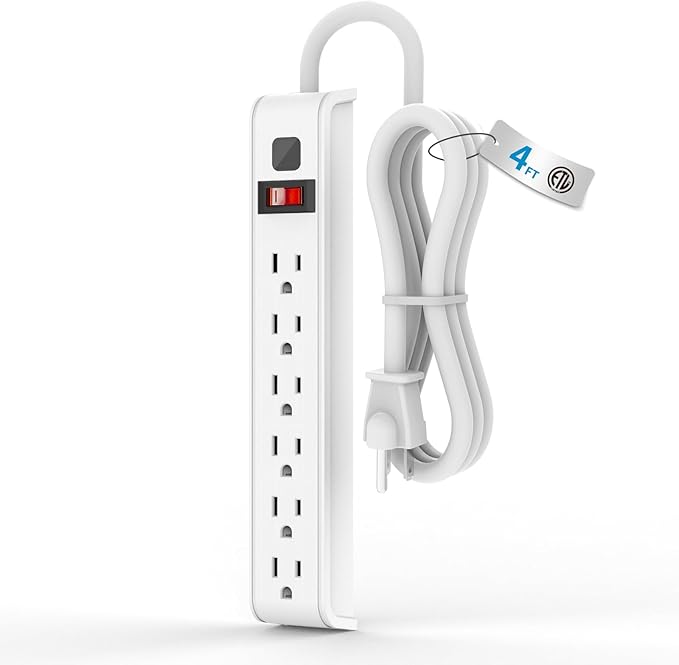 TiFFCOFiO Surge Protector Power Strip, 4 Feet Extension Cord, 600 Joules Surge Protection, Multiple Protection 6 Outlet Strip, 14 AWG Cord, 15A/1875W, ETL Listed (1 Pack)