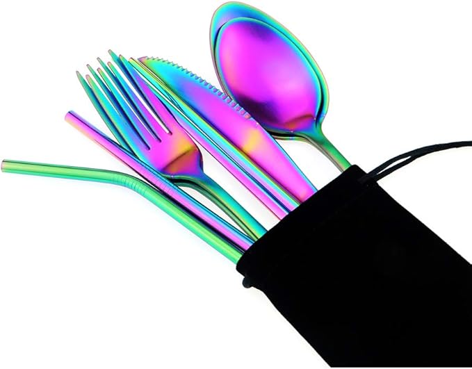 Rainbow Reusable Utensils with Case Camping Travel Silverware Set,Portable Stainless Steel Cutlery Set - Matte Flatware Set Knife Fork Spoon Mirror Straws Chopsticks - for Office Lunch, Hiking,School