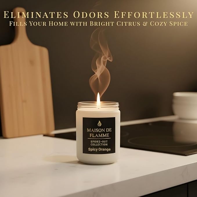 Spicy Orange Odor-Eliminating Scented Candle, 200g/7oz White Jar – Long-Lasting Soy Wax Blend Candle for Smoke, Kitchen & Pet Odors