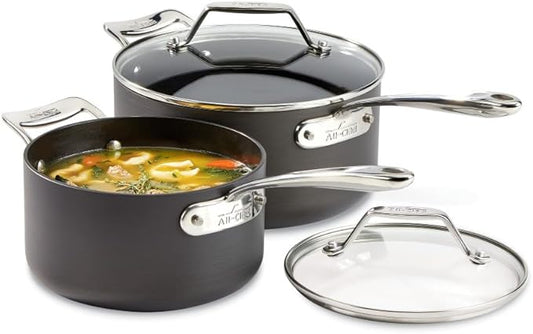 All-Clad Essentials Hard Anodized Nonstick Sauce Pan Set 4 Piece, 2.5, 4 Quart Oven Broiler Safe 500F Pots and Pans, Cookware Black