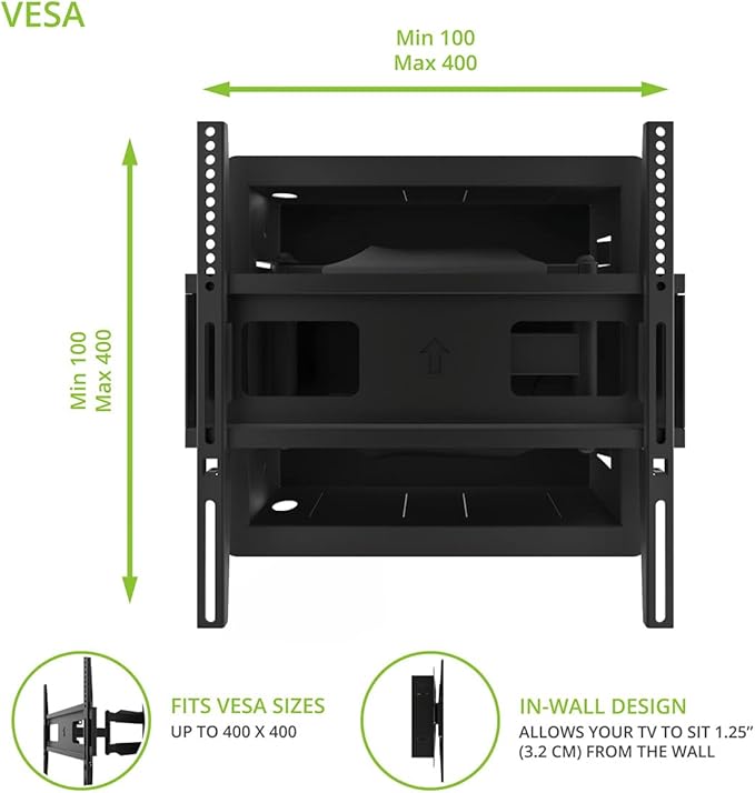 Kanto R300 Recessed In-Wall Full Motion Articulating TV Mount for 32-inch to 55-inch TVs | Ultra Low Profile | Swivel and Tilt Capable | Cable Management for Clean Setup | Black