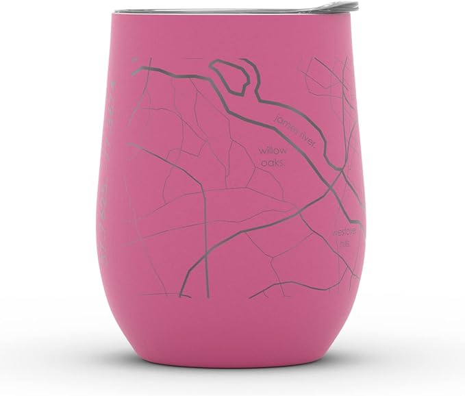 Well Told Engraved Richmond Virginia Map Insulated Wine Tumbler, Etched Stainless Steel Cup (12 oz, Sunset Pink) City Map Insulated Tumbler, Custom Insulated Tumbler, Outdoor Drinkware