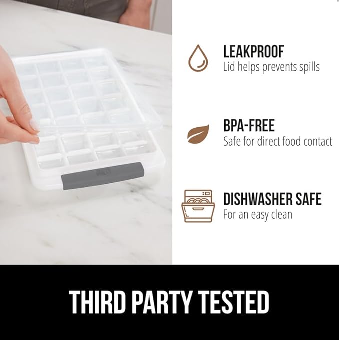 GORILLA GRIP BPA-Free Easy Release Stackable Ice Cube Tray for Freezer, Set Makes 56 Cubes for Cocktail Drinks, Coffee, Bucket Kit Includes 2 Leakproof Trays with Lid and Scooper, Kitchen Tool, Gray