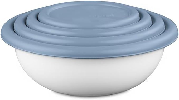 Sterilite Covered Bowl Set, Plastic Nesting Kitchen Mixing Bowls with Pour Spout, Meal Prep Food Storage Containers with Lids, Washed Blue (Set of 12)