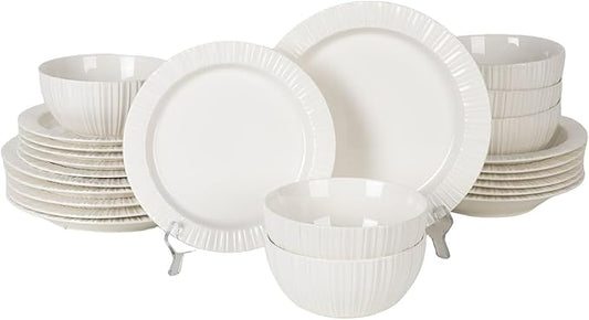 24-Piece White Ceramic Dinnerware Set - Rhine Series, Service for 6, Includes Bowls, Flat & Deep Plates, Microwave & Dishwasher Safe
