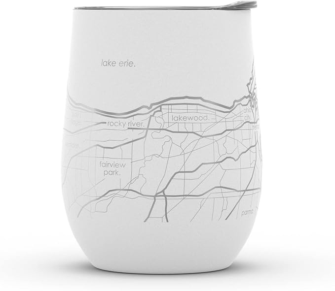 Well Told Engraved Cleveland Ohio Map Insulated Wine Tumbler, Etched Stainless Steel Wine Tumbler (12 oz, White) City Map Insulated Tumbler, Custom Insulated Tumbler, Outdoor Drinkware