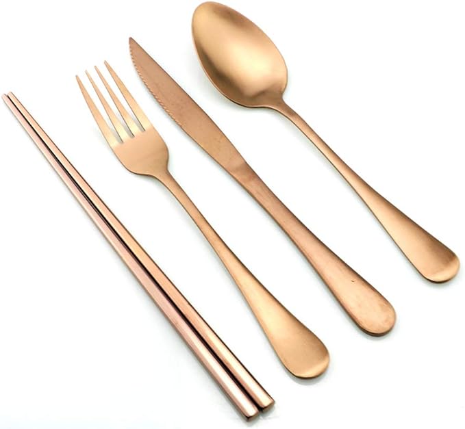 Rose Gold Reusable Utensils with Case Camping Travel Silverware Set,Portable Stainless Steel Cutlery Set - Matte Flatware Knife Fork Spoon Mirror Straws Chopsticks - for Office Lunch, Hiking, School