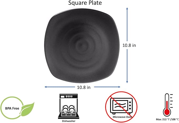 Melamine Square Dinner Plate Set, 8.8", 9.8", 10.8", 11.8", Black, LJP Series (6, 10.8 inch)