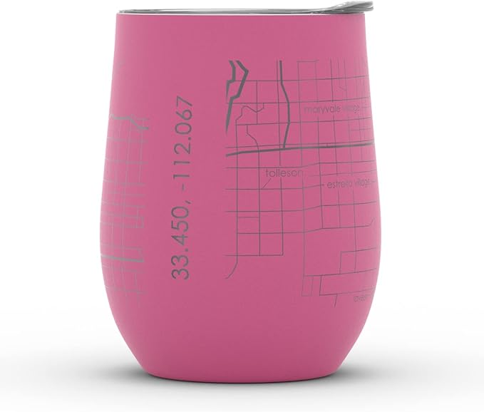 Well Told Engraved Phoenix Arizona Map Insulated Wine Tumbler, Etched Stainless Steel Cup (12 oz, Sunset Pink) City Map Insulated Tumbler, Custom Insulated Tumbler, Outdoor Drinkware