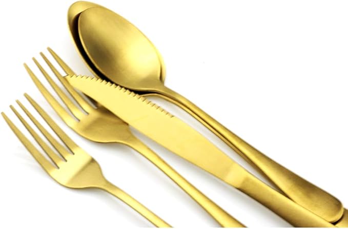 Gold Reusable Utensils with Case Camping Travel Silverware Set,Portable Stainless Steel Cutlery Set - Matte Flatware Set Knife Fork Spoon Mirror Straws Chopsticks - for Office Lunch, Hiking, School