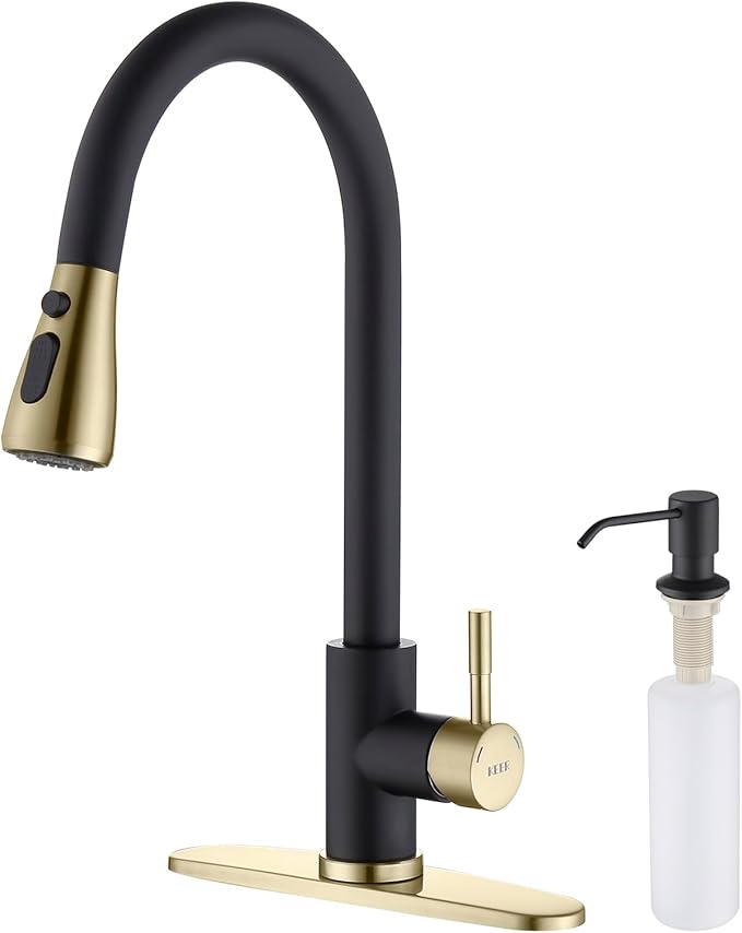 Keer Matte Black Single Handle Pull Down Kitchen Faucet with Soap Dispenser, 3 Modes Sprayer, Easy Assembly, Single Handle High Arc Stainless Steel Faucet