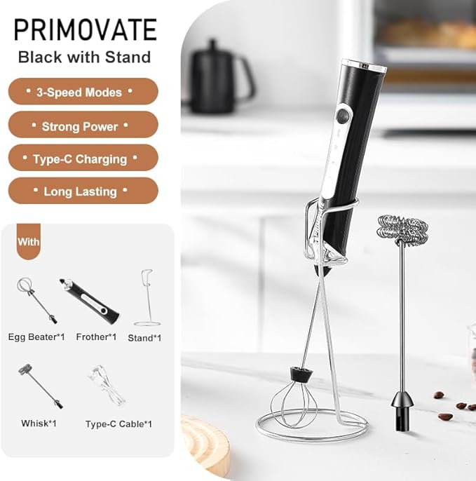 Rechargable Milk Frother, Handheld Drink Mixer with Whisk Attachment, 2025 upgraded powerfull 3 speed motor, Type C charging with charge light, with extra egg mix head (Black without Stand)