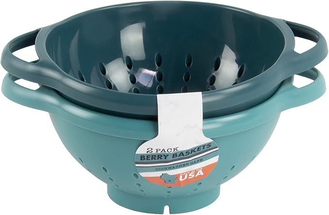 Crisp 2-Piece Mini Colander Berry Baskets With Handles - Food Strainers For Kitchen - Small Colander For Berries & Grape - Dishwasher Safe Berry Strainer - Made in the USA - Prussian Blue & Light Teal