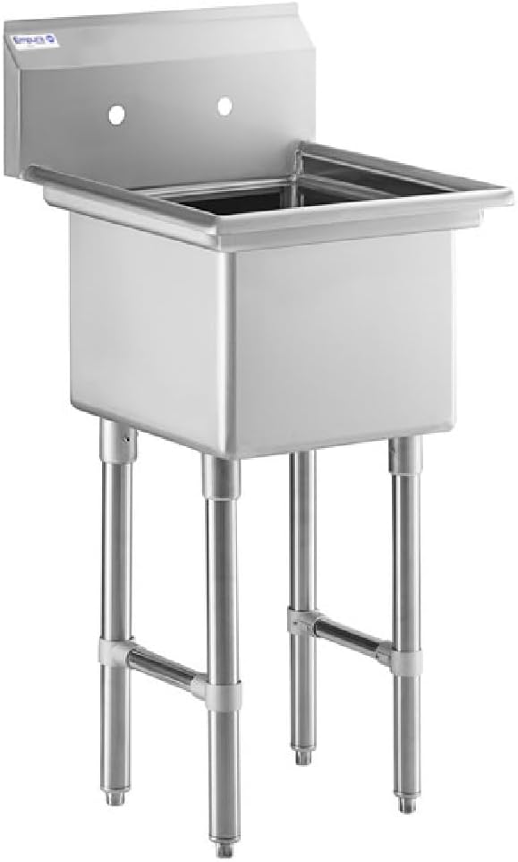 24" Wide Stainless Steel One Compartment Commercial Sink | Prep Utility 18 x 18 Bowl for Restaurant Laundry Garage | 3.5" Drain Basket, 9.75" Backsplash, 23.5"W x 23"D x 44.25"H, 16 Gauge, NSF