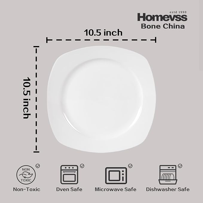 HomeVss, New Bone China Embossed Dinnerware Set, Coupe Square Shape, 16pc Set