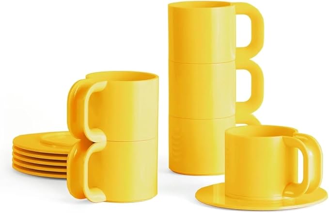 Max 2 | 12-Piece Cups & Saucers Set (6 Cups + 6 Saucers) | Hellerware | Massimo & Lella Vignelli (Yellow)