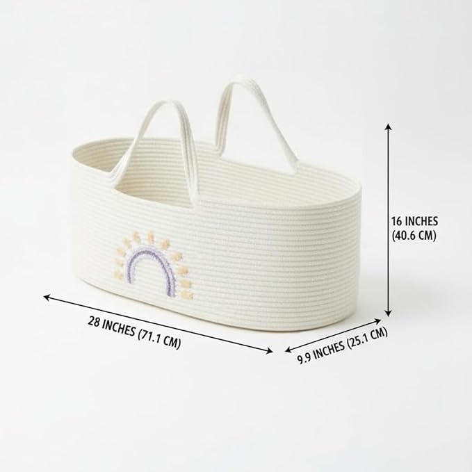Breathable Foldable Baby Bassinet Basket, Cotton Rope Storage Organizer with Handles for Newborn Nap, Nursery, Living Room, Pet Carrier 28 × 16in