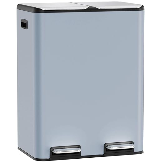 Arlopu 16Gal Dual Trash Can w/2 Built-in Box for Odor Control, Hands-Free Kitchen Garbage Bin, Recycle Waste Dustbin, Soft-Close Lid, 2 Buckets,Foot Pedal, Side Handle, Airtight,for Home (Haze Blue)