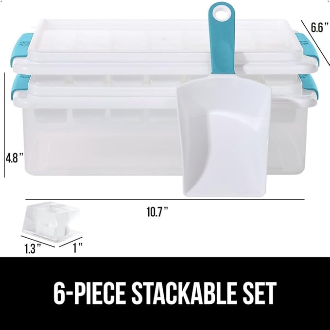 GORILLA GRIP BPA-Free Easy Release Stackable Ice Cube Tray for Freezer, Set Makes 56 Cubes for Cocktails, Coffee, Bucket Kit Includes 2 Leakproof Trays with Lid and Scooper, Kitchen Tool, Turquoise