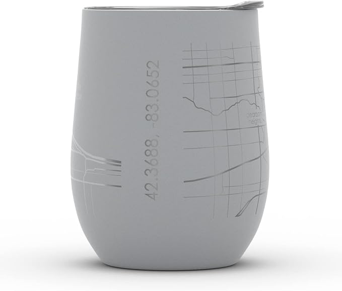 Well Told Engraved Detroit Michigan Map Insulated Wine Tumbler, Etched Stainless Steel Cup (12 oz, Dockside Gray) City Map Insulated Tumbler, Custom Insulated Tumbler, Outdoor Drinkware