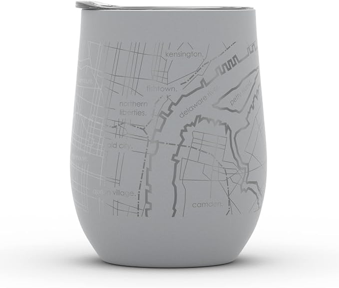 Well Told Engraved Philadelphia Pennsylvania Map Insulated Wine Tumbler, Etched Stainless Steel Cup (12 oz, Dockside Gray) City Map Insulated Tumbler, Custom Insulated Tumbler, Outdoor Drinkware