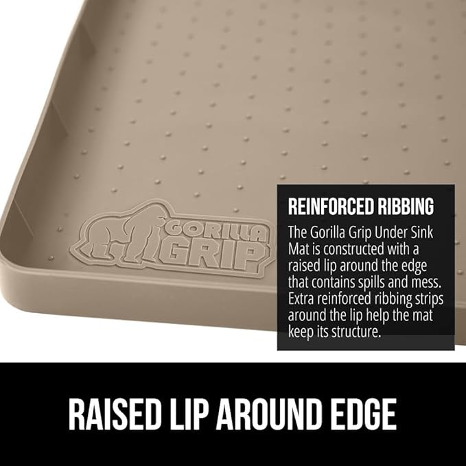 GORILLA GRIP Waterproof Silicone Under Sink Mat with Raised Lip for Kitchen and Bathroom, Cabinet Shelf Liner Stay in Place Mats Dishwasher Safe Drawer Liner, Organizer Tray, 15 x 22 in, Beige